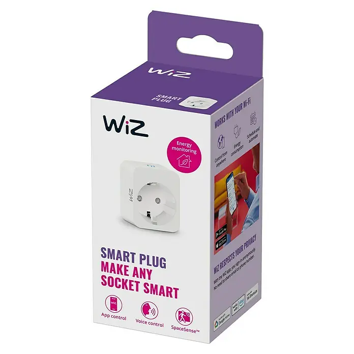 Philips Wiz Smart-Steckdose - Innen, IP20, Weiß, 1 Stk. - WiZ Smart Plug-Verpackung, die verspricht, jede Steckdose intelligent zu machen und Energieüberwachung bietet.