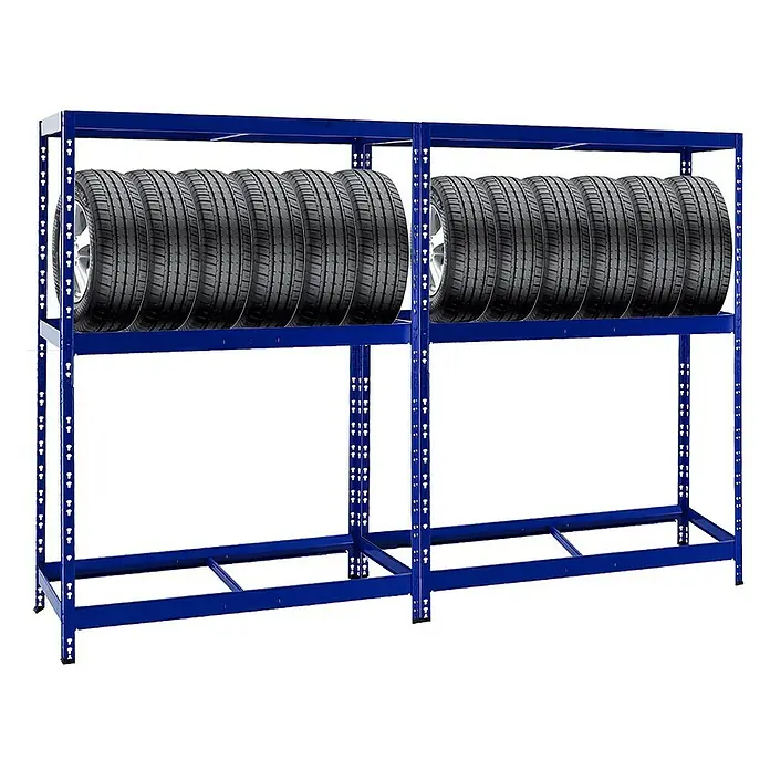 Proregal Reifenregal Mega Deal Tiger mit Fachboden - H x B x T: 180 x 130 x 50 cm, Stecken, Blau - Zwei blaue Reifenregale mit Reifen, die aufbewahrt werden, für Autowerkstätten und Garagen.