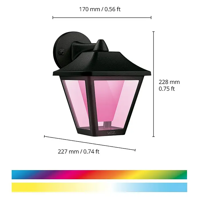 WiZ LED-Außenleuchte Classic - 9,5 W, 22,7 x 17 x 22,8 cm, Schwarz, IP44 - Abbildung einer schwarzen WiZ Außenwandleuchte mit den Maßen 170mm x 228mm x 227mm und farbigem Licht.