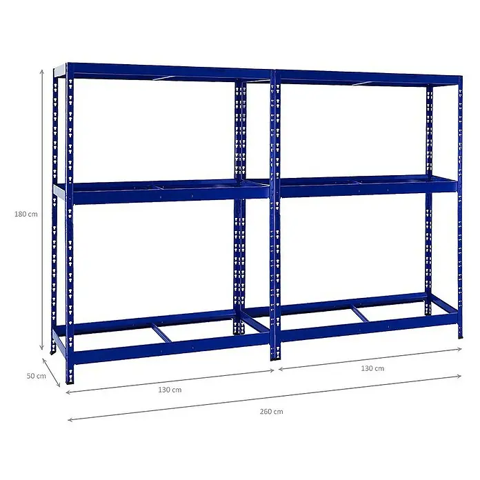 Proregal Reifenregal Mega Deal Tiger mit Fachboden - H x B x T: 180 x 130 x 50 cm, Stecken, Blau - Blaues Metallregal mit zwei Regalebenen. Gesamtbreite 260 cm, Höhe 180 cm und Tiefe 50 cm.