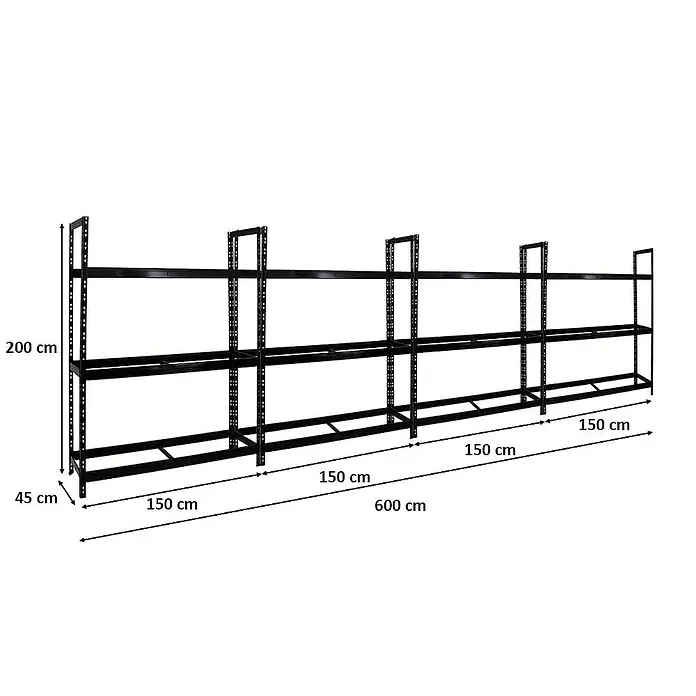 Proregal Reifenregal Mega Deal Tiger XL - Stecken, Schwarz - Abbildung eines schwarzen Metallregals mit zwei Ebenen und Maßangaben. Das Regal ist 200 cm hoch und 600 cm breit.