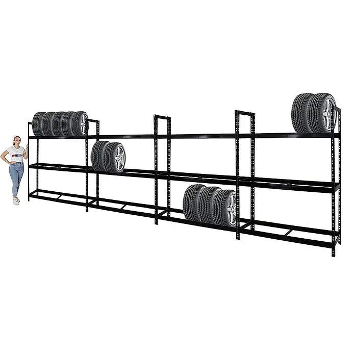 Proregal Reifenregal Mega Deal Tiger XL - Stecken, Schwarz - Schwarzes Reifenregal mit drei Ebenen und mehreren Reifen zur Aufbewahrung. Praktische Lösung für die Garage.