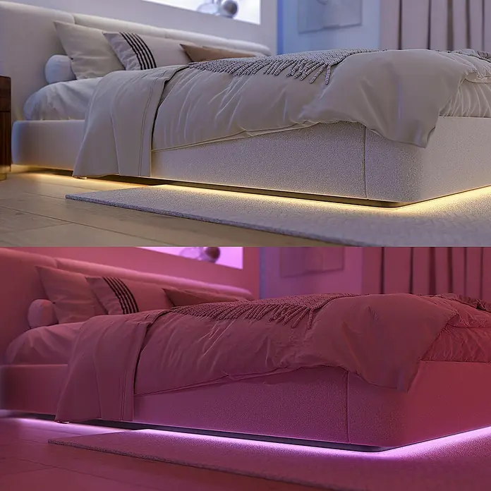 Philips Hue LED-Stripes White and Color Gradient Base Kit Flux - Länge: 6 m, Lichtfarbe: RGBW, 2.000 lm, 20 W - Stilvolles Bett mit integrierter LED-Beleuchtung, die eine angenehme Atmosphäre im Schlafzimmer schafft. Verfügbar in verschiedenen Farben.