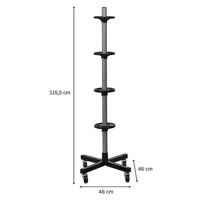 Proregal Reifenregal Fahrbarer Felgenbaum CARRERO - H x B x T: 115,5 x 46 x 46 cm, Stecken, Schwarz - Abbildung eines grauen Wagenständers mit vier Etagen und Rollen, mit Größenangaben.