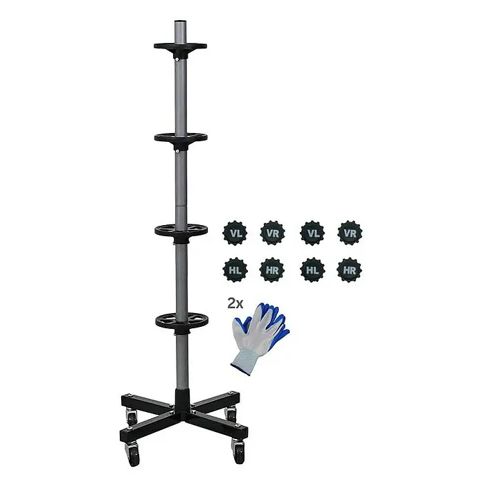 Proregal Reifenregal Fahrbarer Felgenbaum CARRERO - H x B x T: 115,5 x 46 x 46 cm, Stecken, Schwarz - Abgebildet ist ein Reifenbaum mit vier Etagen zur Lagerung von Reifen.Zusätzlich sind Reifenmarkierungen und Arbeitshandschuhe enthalten.