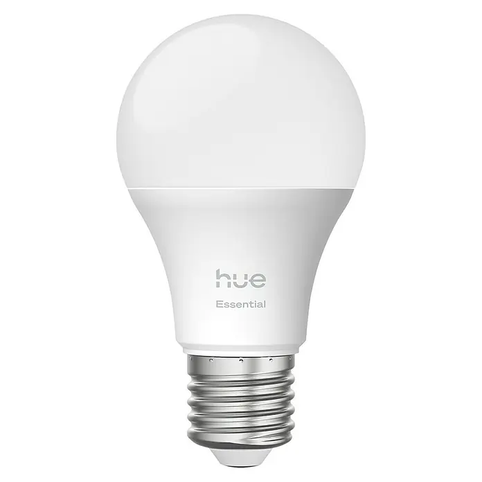 Philips Hue Smart-LED-Lampe Set Essential - E27, Dimmbar, RGBW, 806 lm, 8 W, 1 Stk. - Nahaufnahme einer einzelnen weißen Philips Hue Essential LED-Lampe mit einem E27 Schraubsockel auf schwarzem Hintergrund.