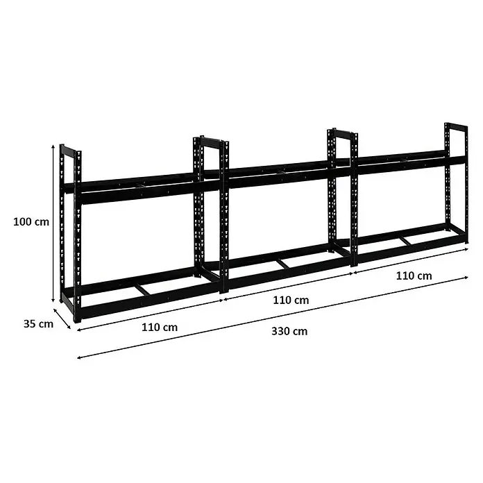Proregal Reifenregal Mega Deal Tiger - Stecken, Schwarz - Produktansicht eines schwarzen Metallregals mit den Maßen 100 cm Höhe, 35 cm Tiefe und 330 cm Breite.
