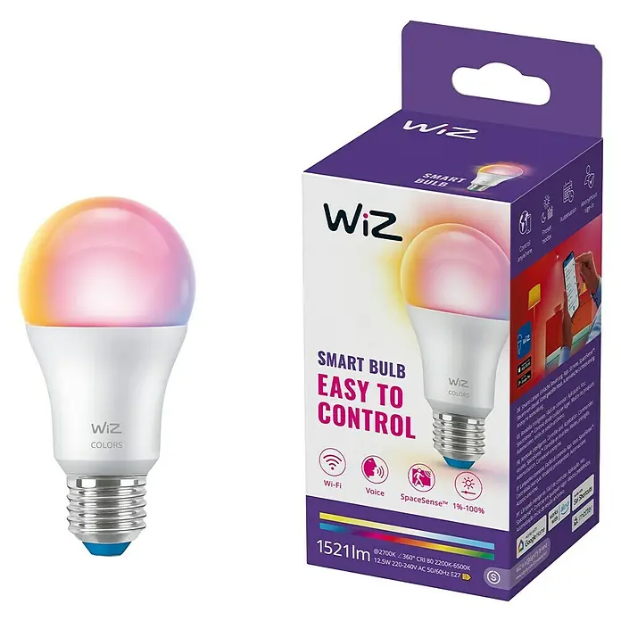 Philips Wiz Smart-LED-Lampe - E27, Dimmbar, RGBW, 12,3 W, 1 Stk. - Intelligente WiZ-Glühbirne mit Farbwechsel und einfacher Steuerung neben der Verpackung.