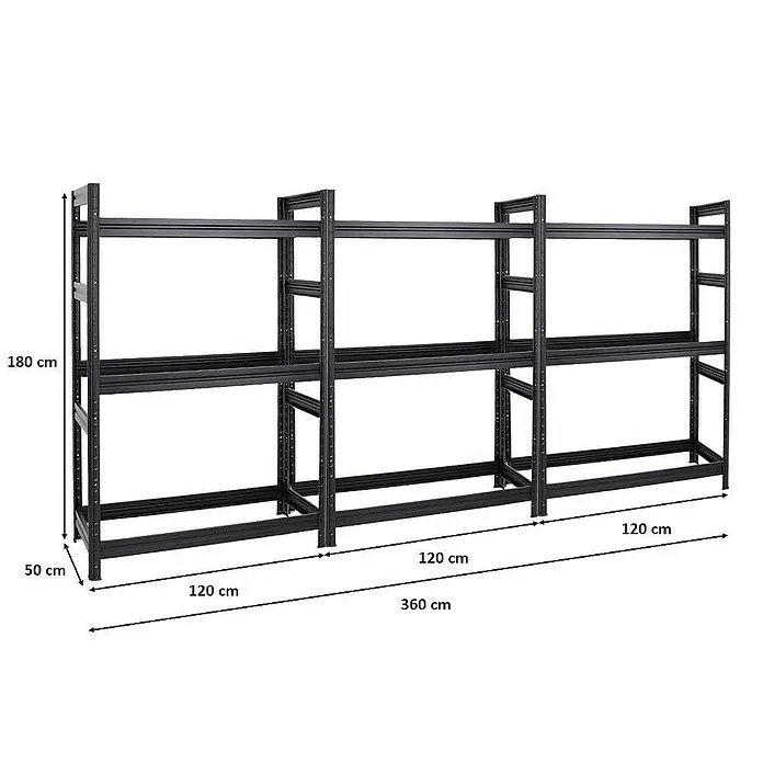 Proregal Reifenregal Mega Deal DINO - Stecken, Schwarz - Schwarzes Metallregal mit drei Ebenen und den Maßen 180x120x50 cm zur optimalen Lagerung und Organisation von Gegenständen.