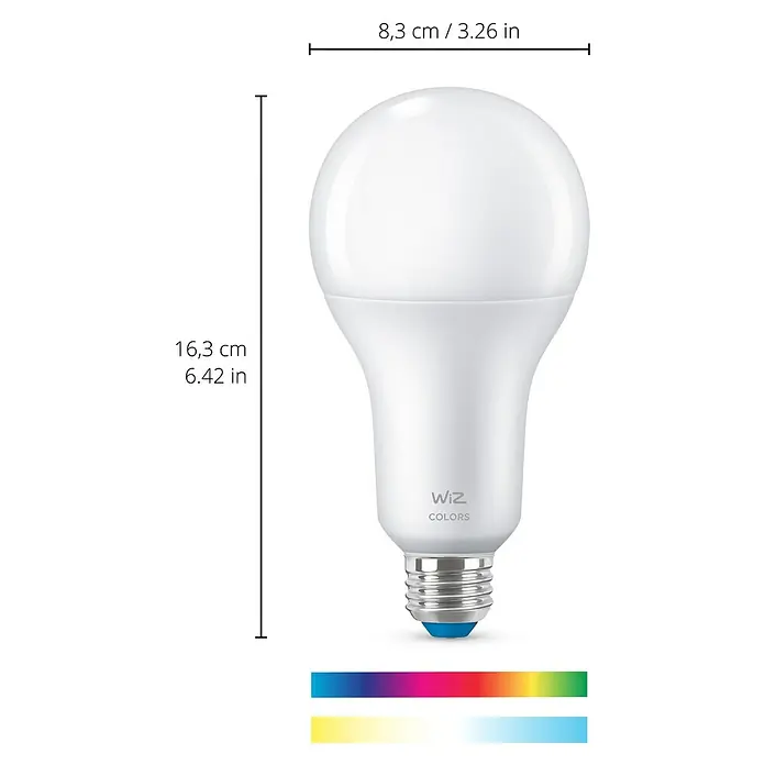 Philips Wiz Smart-LED-Lampe - E27, Dimmbar, RGBW, 18,5 W, 1 Stk. - Produktansicht der farbigen WiZ-Glühbirne mit den Maßen 8,3 cm Breite und 16,3 cm Höhe, die ihre Vielseitigkeit und ihr Design hervorhebt.