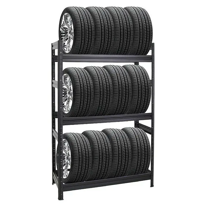 Proregal Reifenregal Mega Deal DINO - Stecken, Schwarz - Reifenregal mit drei Etagen voller Autoreifen, ideal für die Lagerung von Reifen in der Garage oder Werkstatt.