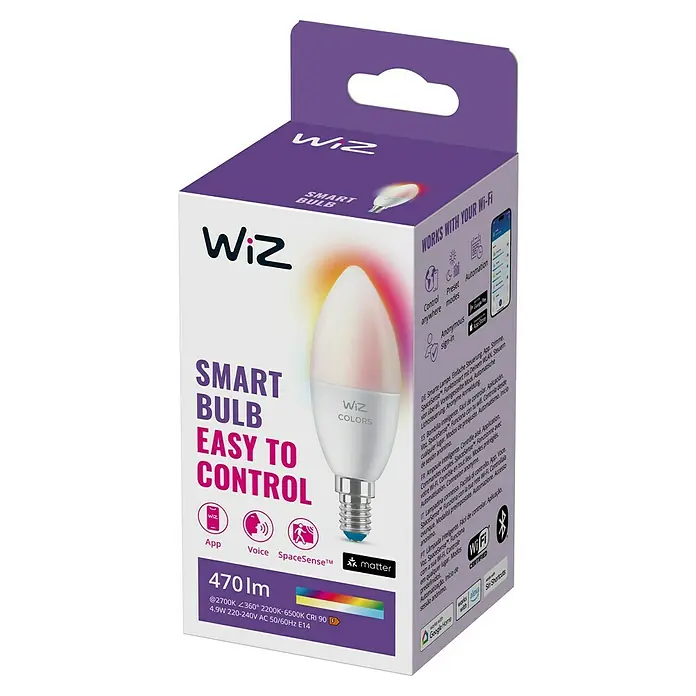 Philips Wiz Smart-LED-Lampe - E14, Dimmbarkeit: Dimmbar, RGBW, 470 lm, 4,6 W - Bild der WiZ Smart Bulb Verpackung.