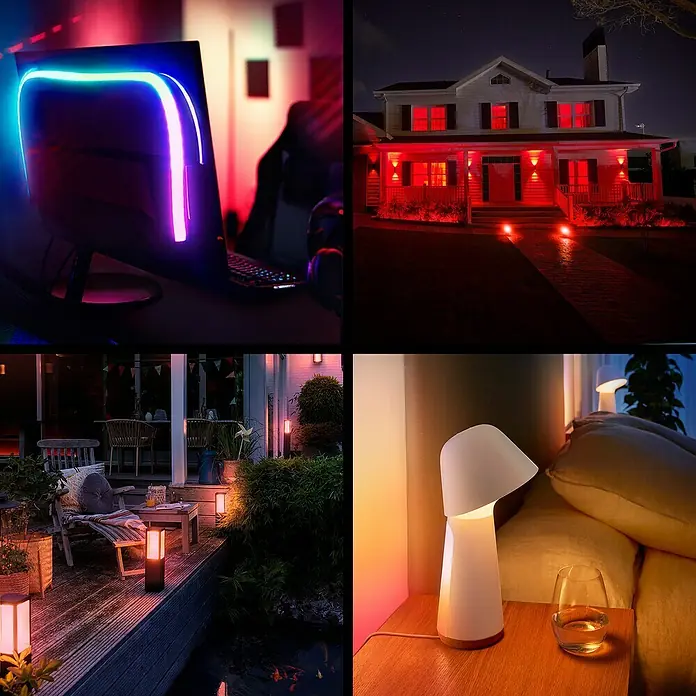 Philips Hue Smart-LED-Lampe Set Essential mit Dimmcontroller, Steuerzentrale - 8 W, RGBW, 806 lm, 1 Stk. - Verschiedene Smart-Lampen für Wohnräume und Außenbereiche, die eine gemütliche Atmosphäre schaffen.