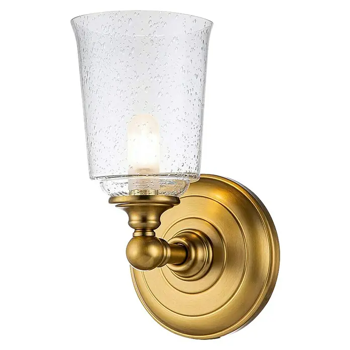 Elstead LED-Wandleuchte Hugenot - 3 W, L x B x H: 15,2 x 13,3 x 24,8 cm, Messing, Warmweiß - Eine elegante Wandleuchte mit einem transparenten, genoppten Glasschirm und einer goldenen Halterung.