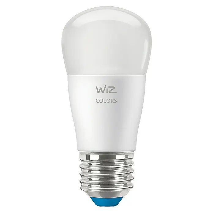 Philips Wiz Smart-LED-Lampe - E27, Dimmbar, RGBW, 470 lm, 4,9 W, 1 Stk. - Nahaufnahme einer smarten WiZ Colors LED-Lampe mit E27-Sockel, die für eine individuelle Beleuchtung im ganzen Haus sorgt.