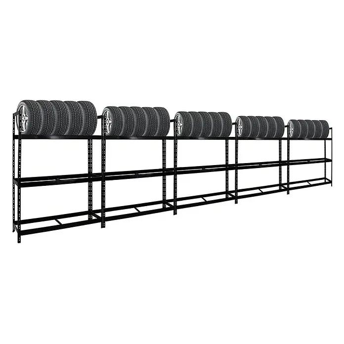 Proregal Reifenregal Mega Deal Tiger XL - Stecken, Schwarz - Reifenspeicherregal mit fünf Ebenen, gefüllt mit mehreren Reifen, die sich ideal für die Reifenlagerung in der Werkstatt oder Garage eignen.