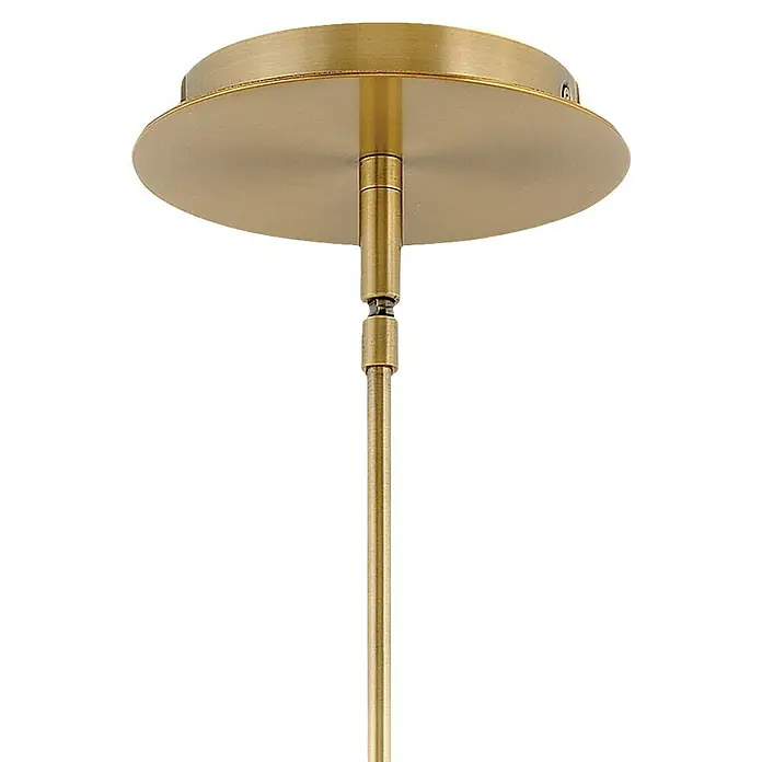 Elstead LED-Pendelleuchte Dax - 8 W, L x B x H: 12,7 x 12,7 x 20,3 cm, Messing - Nahaufnahme einer Deckenleuchte in Goldoptik, die Eleganz und Stil in den Raum bringt. Die Leuchte besticht durch ihr edles Design.