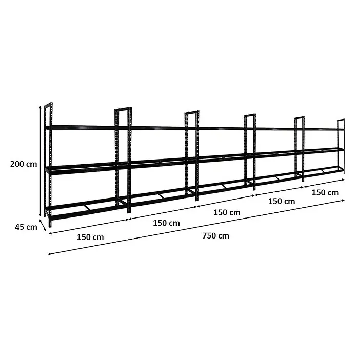 Proregal Reifenregal Mega Deal Tiger XL - Stecken, Schwarz - Abbildung eines schwarzen Metallregals mit mehreren Ebenen und Maßangaben.