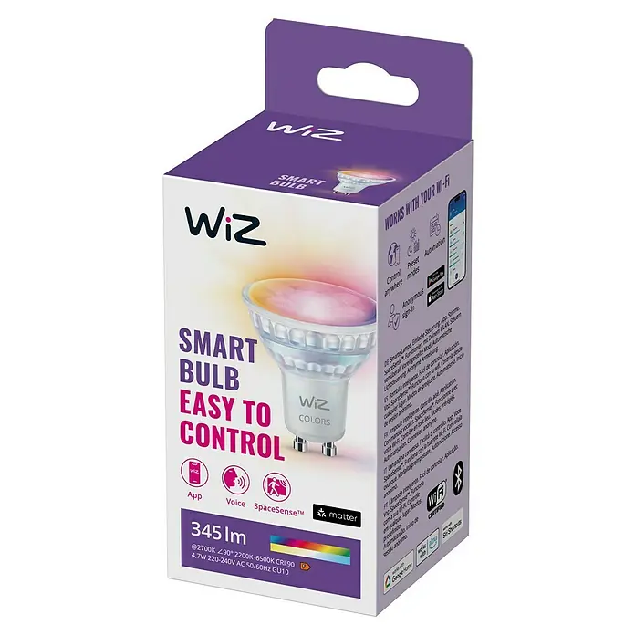 Philips Wiz Smart-LED-Lampe - GU10, Dimmbar, RGBW, 400 lm, 5 W, 1 Stk. - Verpackung einer WiZ Smart Bulb.