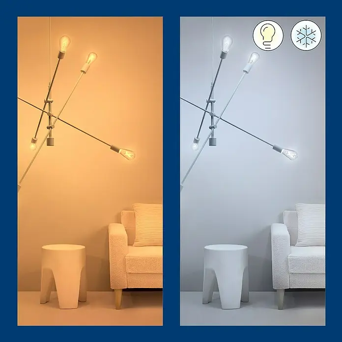 Philips Wiz Smart-LED-Lampe - E27, Dimmbar, Mehrfarbig, 806 lm, 6,7 W, ST64 - Unterschiedliche Farbtemperaturen einer modernen Pendelleuchte mit mehreren Armen, gezeigt in warmen und kühlen Lichttönen.