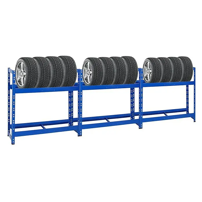 Proregal Reifenregal Mega Deal Tiger - Stecken, Blau - Reifenregal mit blauen Metallrahmen und mehreren Reifen. Praktische Aufbewahrungslösung für Autowerkstätten und Garagen.