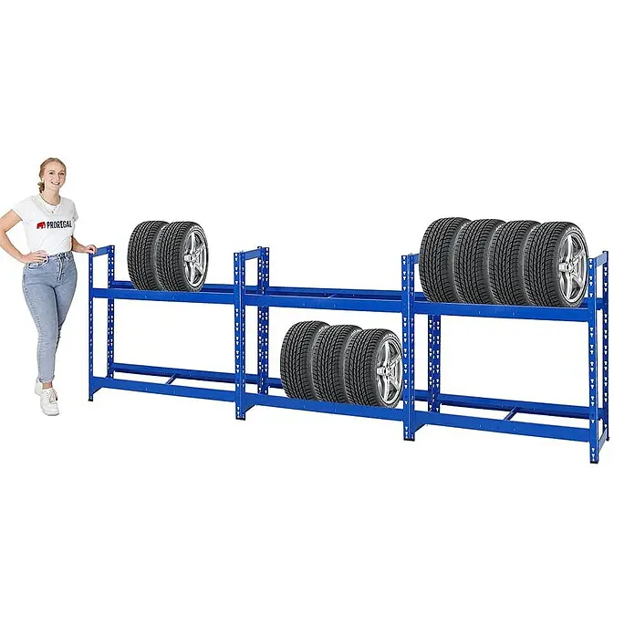 Proregal Reifenregal Mega Deal Tiger - Stecken, Blau - Bild eines blauen Reifenregals mit mehreren Reifen, das eine praktische und effiziente Lagerungslösung bietet.