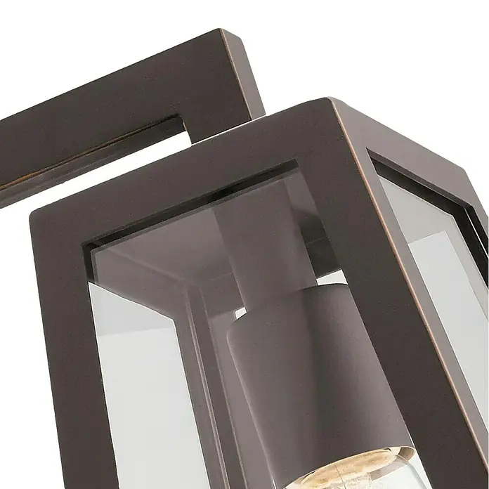 Elstead Außenwandleuchte Delison - 60 W, 25,4 x 35,7 x 35,7 cm, Schwarz, IP44 - Nahaufnahme einer modernen Außenleuchte mit bronzefarbenem Rahmen und klaren Glaseinsätzen. Das Design ist schlicht und elegant.