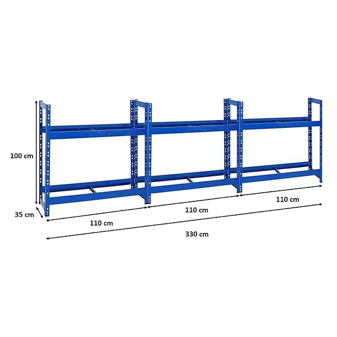 Proregal Reifenregal Mega Deal Tiger - Stecken, Blau - Abbildung eines blauen Lagerregals mit den Maßen 100 cm Höhe, 35 cm Tiefe und 330 cm Länge.