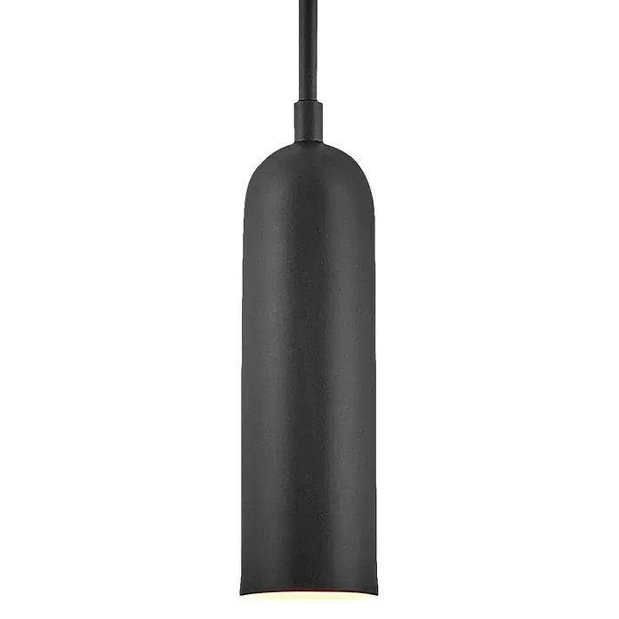 Elstead LED-Pendelleuchte Dax - 8 W, L x B x H: 12,7 x 12,7 x 20,3 cm, Schwarz - Nahaufnahme einer schwarzen Pendelleuchte mit zylindrischem Schirm und warmem Lichtschein, ideal für modernes Innendesign und Akzentbeleuchtung.