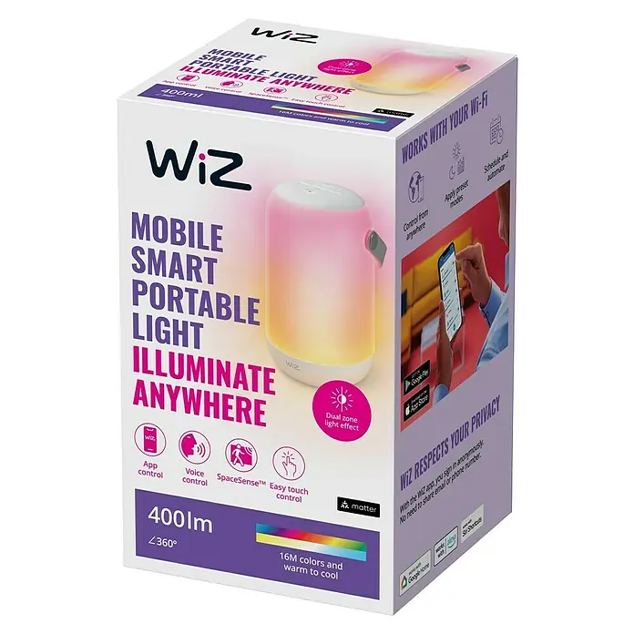 Philips Wiz LED-Tischleuchte Mobile - 14 W, L x B x H: 15 cm x 11,6 cm x 19,3 mm, Weiß, RGB - Das WiZ Mobile Smart Portable Light: Intelligente, tragbare Leuchte mit Farbwechsel für flexibles Ambiente, steuerbar per App und Wi-Fi.