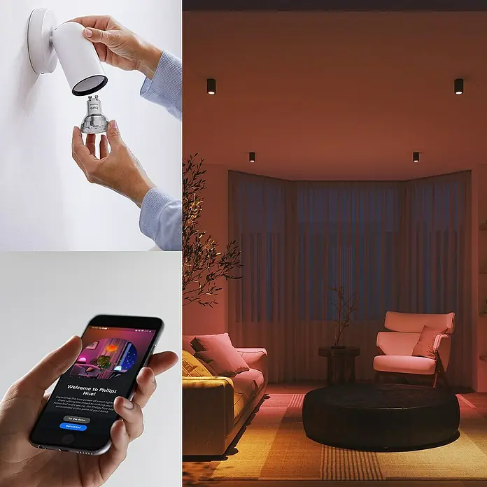 Philips Hue Smart-LED-Lampe Set Essential - GU10, Dimmbar, RGBW, 345 lm, 4,7 W, 1 Stk. - Philips Hue Beleuchtungssystem mit Lampe, App-Steuerung und stimmungsvoller Wohnzimmerbeleuchtung für ein smartes Zuhause.