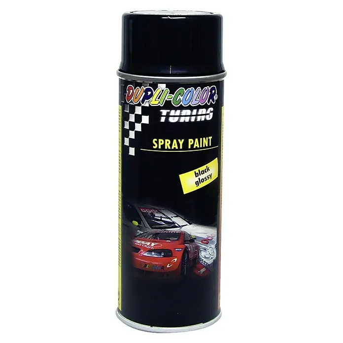 Dupli-Color Tuning Lackspray - Schwarz, Glänzend, 400 ml - Dupli-Color Tuning Lackspraydose mit Abbildung von Rennwagen und dem Hinweis "Black Glossy" für hochwertige Lackierungen und Tuning-Projekte.