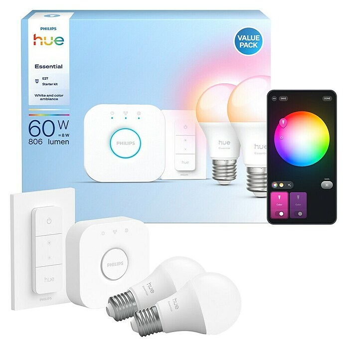 Philips Hue Bombilla LED inteligente Hue Essential (8 W, RGBW, 806 lm, 1 ud.) | BAUHAUS