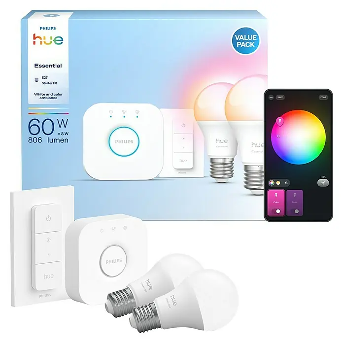 Philips Hue Smart-LED-Lampe Set Essential mit Dimmcontroller, Steuerzentrale - 8 W, RGBW, 806 lm, 1 Stk. - Produktbild des Philips Hue Essential E27 Starterkits mit Lampen, Bridge und App zur Steuerung von Beleuchtung.