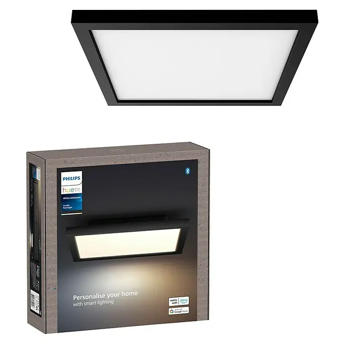 Philips Hue LED-Panel White Ambience Aurelle - 19 W, L x B x H: 30 x 30 x 4,6 cm, Schwarz, Warmweiß - Produktbild einer Philips Hue Aurelle Deckenleuchte, die mit Smart Home Systemen kompatibel ist.