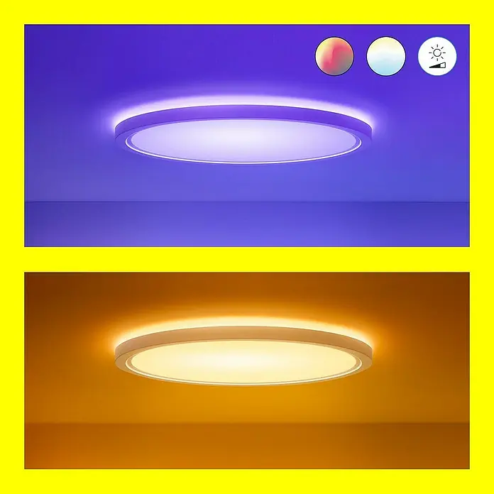 Philips Wiz Smart-LED-Deckenleuchte rund Tunable White & Color SuperSlim - 22 W, Ø x H: 43 x 4,8 cm, Weiß, RGBW - Diese Abbildung zeigt eine LED-Deckenleuchte mit Farbwechselfunktion, die in zwei verschiedenen Farbtönen erstrahlt.