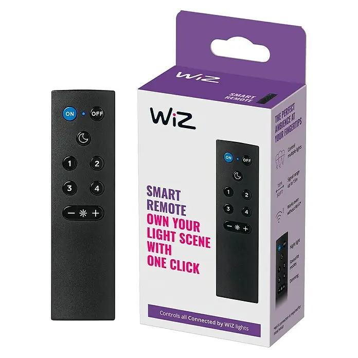 Philips Wiz Fernbedienung - Reichweite ca.: 15 m - Bild eines WiZ Smart Remote zusammen mit seiner Verpackung. Die Fernbedienung ermöglicht die Steuerung von WiZ-Leuchten mit einem Klick.