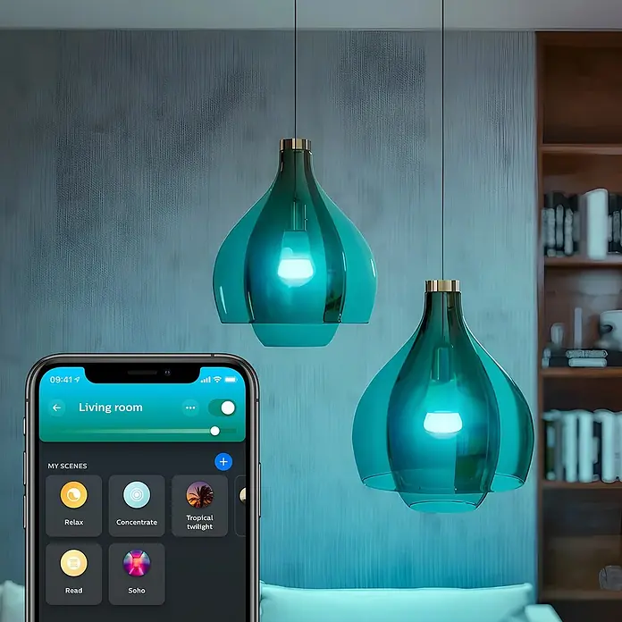 Philips Hue Smart-LED-Lampe Set mit Dimmcontroller, Steuerzentrale - E27, Dimmbar, RGBW, 2 Stk. - Intelligente Beleuchtung: Zwei moderne, türkisblaue Pendelleuchten, die über eine Smartphone-App gesteuert werden.