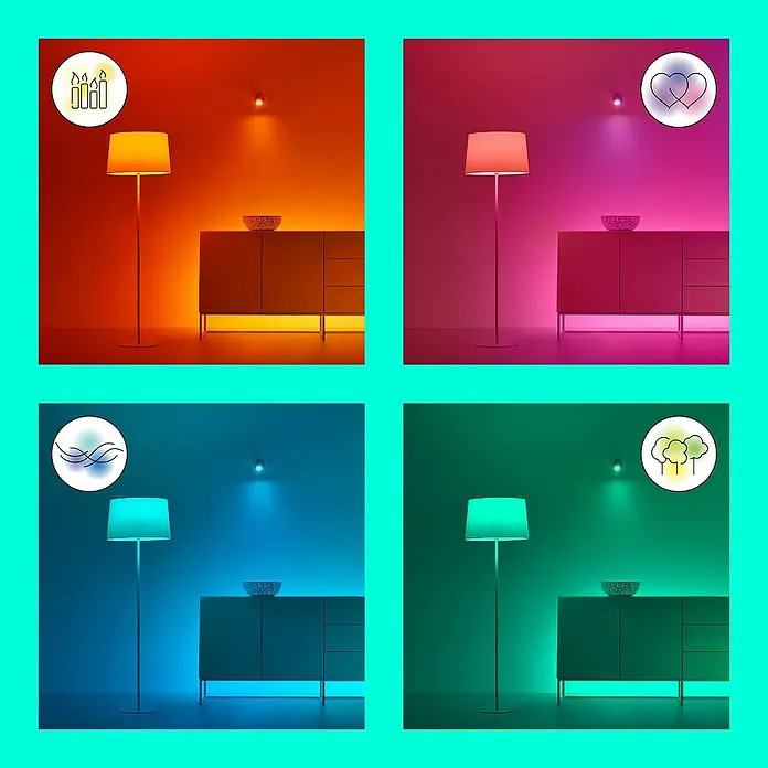 Philips Wiz Smart-LED-Band Erweiterung - Länge: 1 m, RGBW - Eine Collage von Smart-Stehleuchten in verschiedenen Farben mit App-Symbolen für unterschiedliche Beleuchtungsmodi.