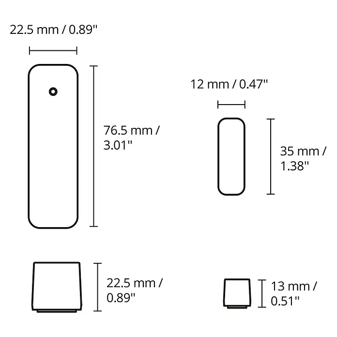 Philips Wiz Funk-Fensterkontakt - Weiß, 2,25 x 2,25 x 7,65 cm, 1 Stk. - Produktabbildung mit den Maßen 22,5 mm/0,89", 76,5 mm/3,01", 12 mm/0,47", 35 mm/1,38", 22,5 mm/0,89" und 13 mm/0,51".