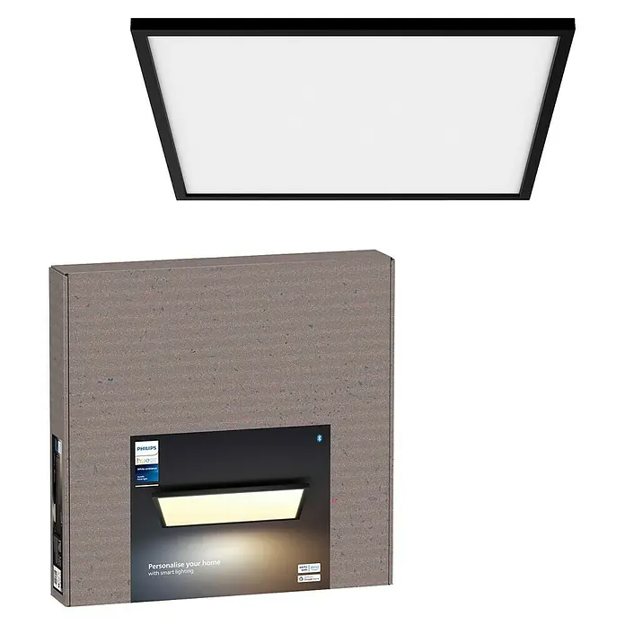 Philips Hue LED-Panel White Ambience Aurelle - 39 W, L x B x H: 60 x 60 x 4,6 cm, Schwarz, Warmweiß - Ein Philips Hue Deckenleuchte Produktbild, das die smarte Beleuchtungslösung und Verpackung präsentiert.