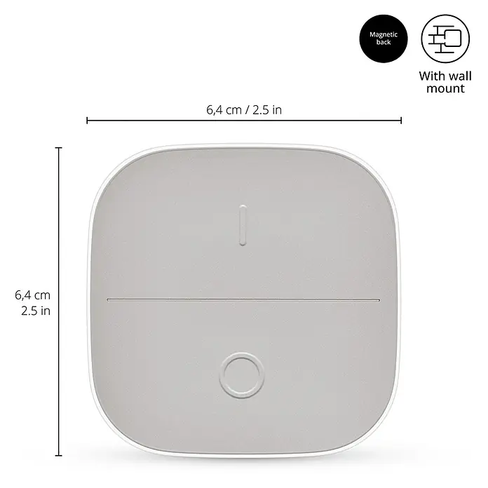 Philips Wiz Fernbedienung smarter Connected Button - Weiß - Ein quadratisches Gerät in Grau mit abgerundeten Kanten und Beschriftung zur Größenangabe und den Funktionen Magnetisch und Wandmontage.
