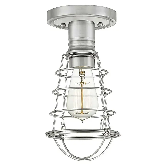 Elstead Deckenleuchte Mixon - 60 W, Ø x H: 14 x 27,1 cm, Nickel gebürstet, E27 - Nahaufnahme einer Deckenleuchte im Industrie-Stil mit einem Metallkäfig und einer Edison-Glühbirne.