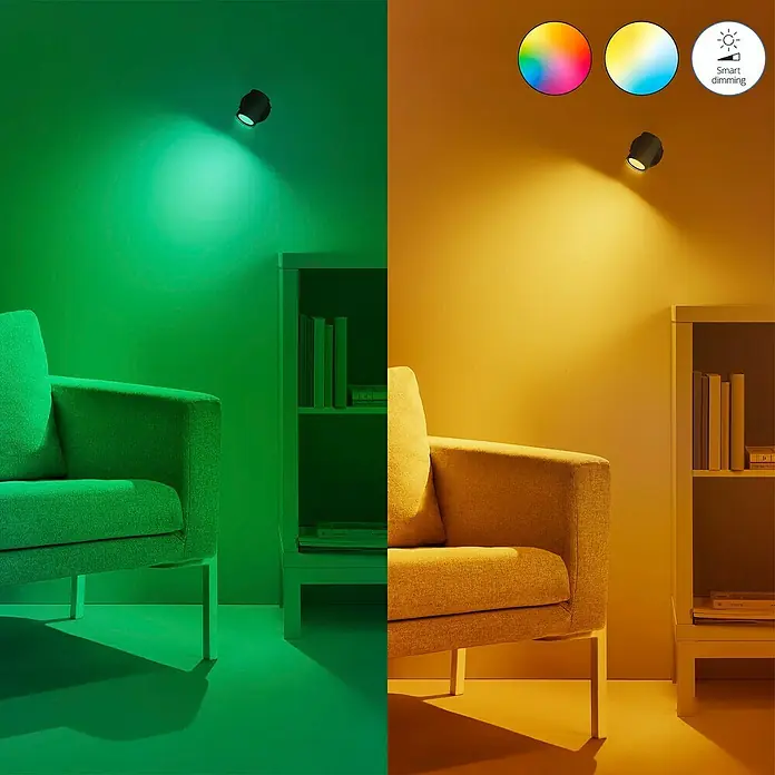 Philips Wiz Smart-LED-Lampe - GU10, Dimmbar, RGBW, 400 lm, 5 W, 1 Stk. - Die smarte dimmbare Wandleuchte strahlt in Grün und Gelb.