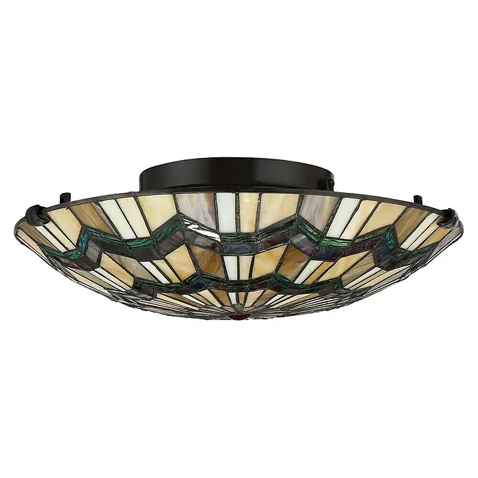 Elstead Deckenleuchte Alcott - 60 W, L x B x H: 42,1 x 42,1 x 13,5 cm, Bronze, E27 - Nahaufnahme einer Tiffany-Deckenleuchte mit einem attraktiven, geometrischen Muster aus farbigem Glas.