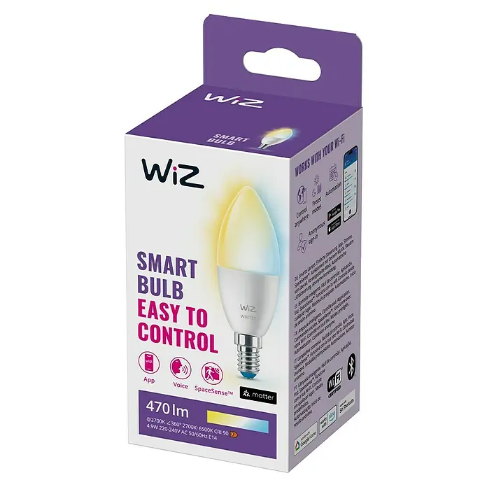 Philips Wiz Smart-LED-Lampe - E14, Dimmbar, Mehrfarbig, 470 lm, 4,6 W - Bild einer WiZ Smart Bulb-Packung, die eine einfach zu bedienende intelligente Lampe für Ihr Wi-Fi-System zeigt.