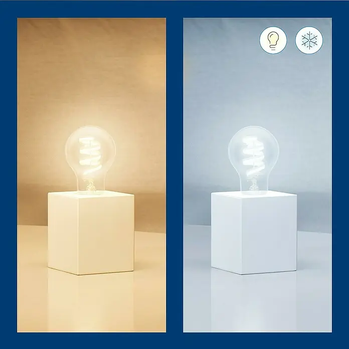 Philips Wiz Smart-LED-Lampe - E27, Dimmbar, RGBW, 470 lm, 6,3 W, 1 Stk., A60 - Vergleich von zwei LED-Lampen mit unterschiedlichen Farbtemperaturen, dargestellt auf weißen Würfel-Sockeln.