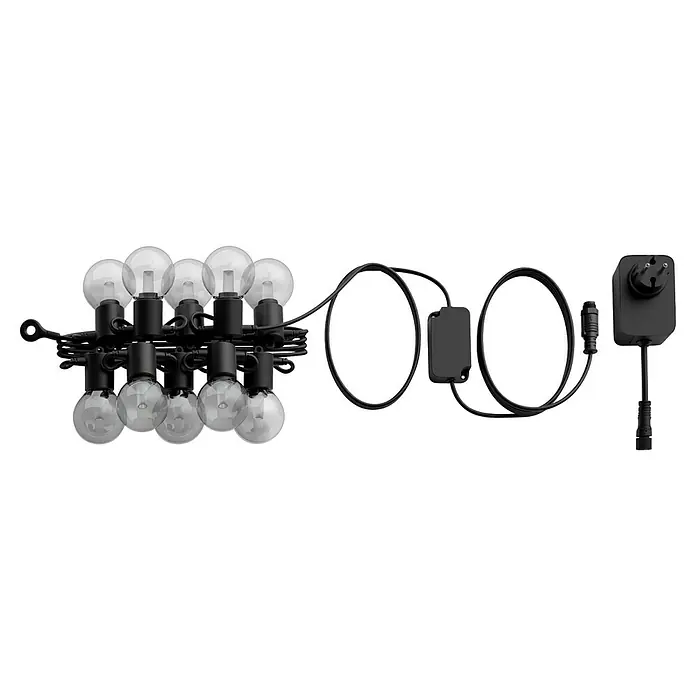 Philips Hue LED-Lichterkette Festavia Globe - 7 m, Anzahl Leuchtmittel: 10 Stk. - Eine Lichterkette mit Glühbirnen, einem schwarzen Kabel und einem Stecker. Ideal für die stimmungsvolle Beleuchtung im Außenbereich.