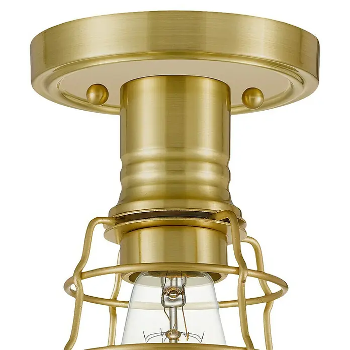Elstead Deckenleuchte Mixon - 60 W, Ø x H: 14 x 27,1 cm, Messing gebürstet, E27 - Nahaufnahme einer goldenen Deckenleuchte im Industriedesign, die ein warmes, einladendes Licht verspricht.