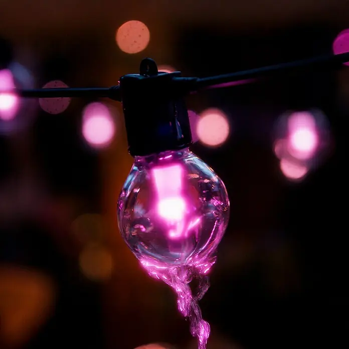 Philips Hue LED-Lichterkette Festavia Globe - 14 m, Anzahl Leuchtmittel: 20 Stk. - Nahaufnahme einer gläsernen Glühbirne, gefüllt mit pinkfarbenem Licht, die an einer Lichterkette befestigt ist.